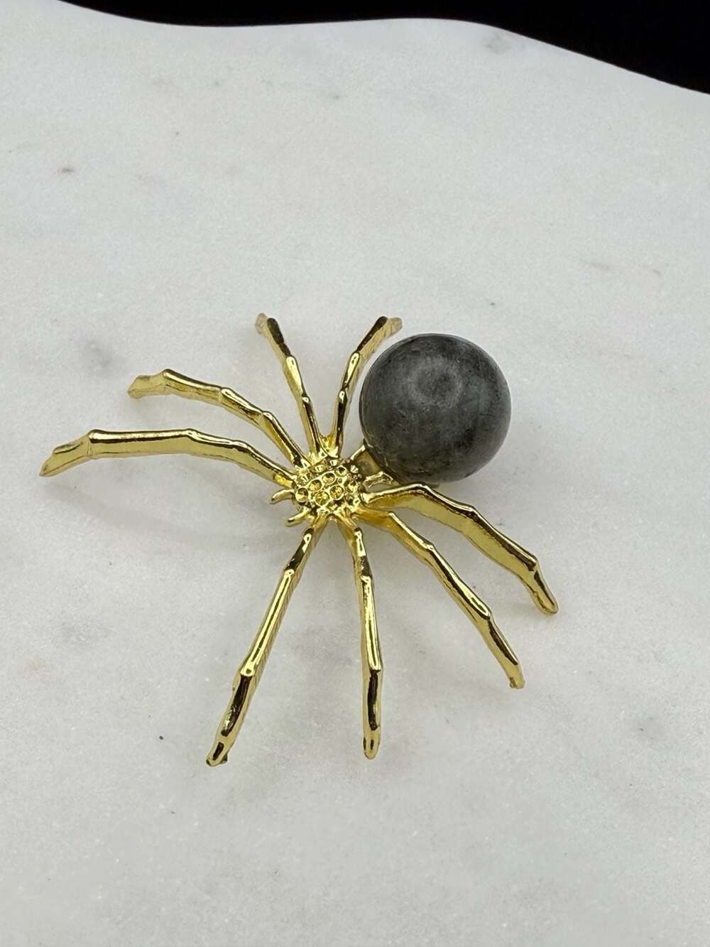 Labradorite Crystal Sphere Gold Metal Small Spider Figurine